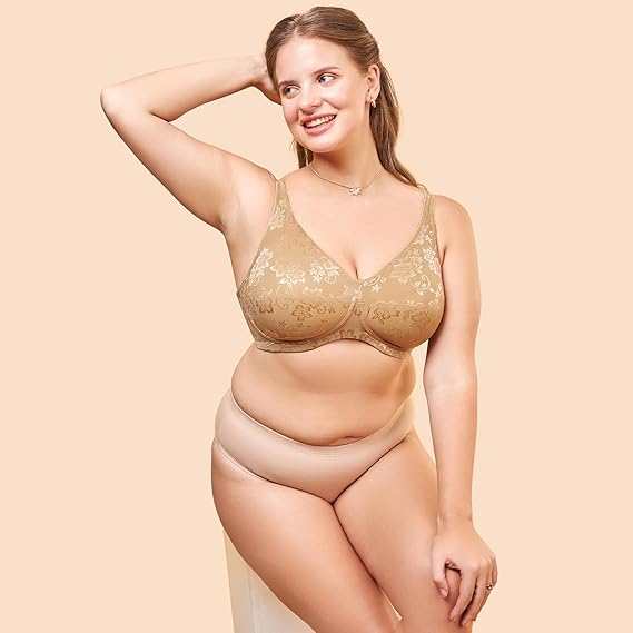 Enamor F135 Plunge Neck Power Jacquard Lift Cotton-Rich Minimizer Bra – Everyday Full Support, Non-Padded, Wirefree, High Coverage